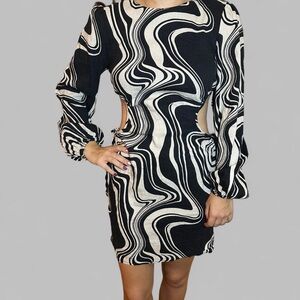 Linen Marble Print Dress Long Sleeve Black & Cream with side cut-outs